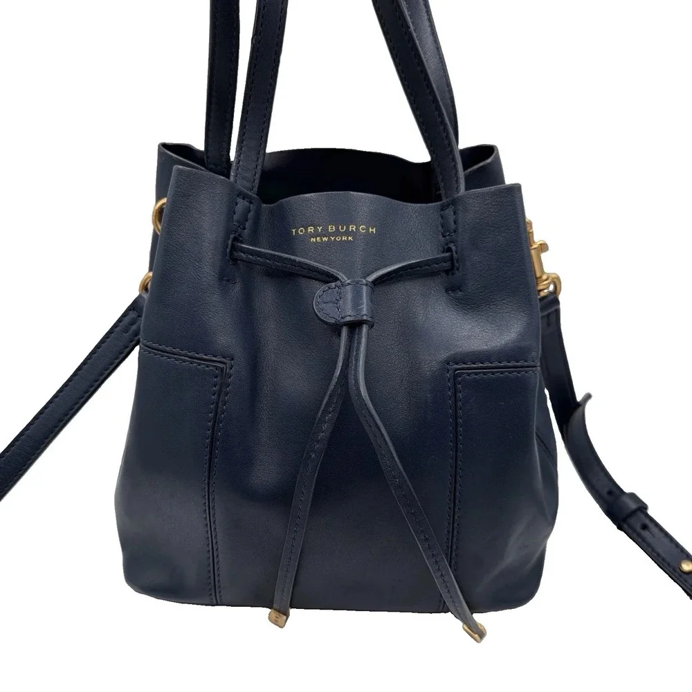 Tory Burch Block T Small Navy Blue Leather Bucket Bag Drawstring Closure